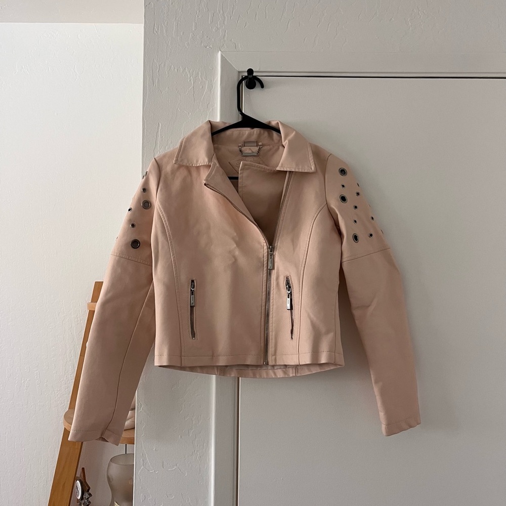 Women's Pink Studded Cropped Leather Jacket
